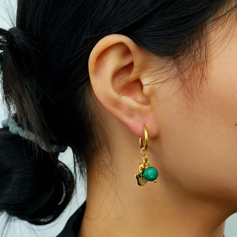 Hand & Malachite Charm Huggie Earrings in 316L Stainless Steel