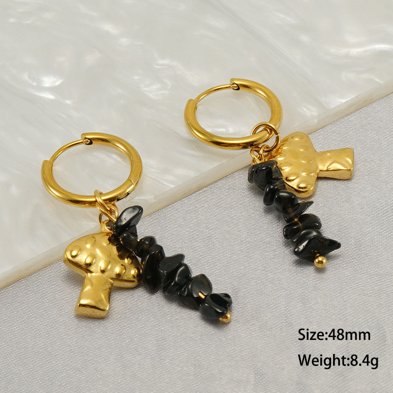 Fashion Stainless Steel Earrings with Black Natural Stones and Mushroom Pendant