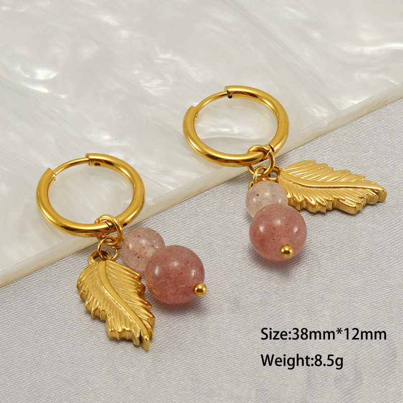 Natural Stone & Leaf Charm Huggie Bohemian Earrings Made of Stainless Steel