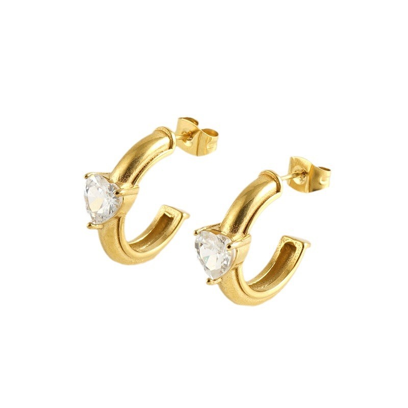 18K Gold Plated Stainless Steel C Hoops Earrings with Heart Zircon