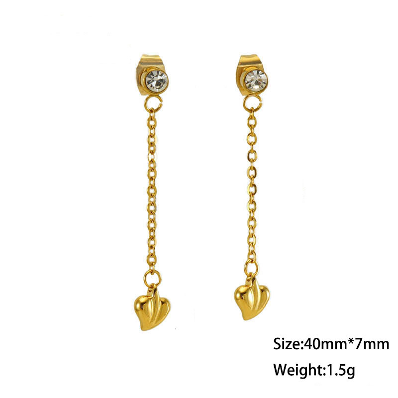 Elegant Stainless Steel Heart Charm Dangle Earrings with Rhinestones