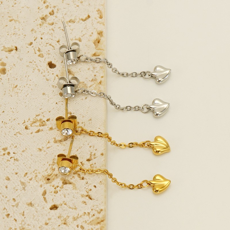Elegant Stainless Steel Heart Charm Dangle Earrings with Rhinestones