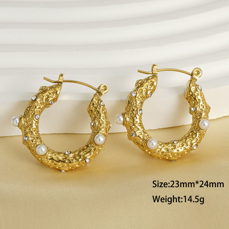 Sparkling Stainless Steel Hoop Earrings inlay with Zircon & Pearls