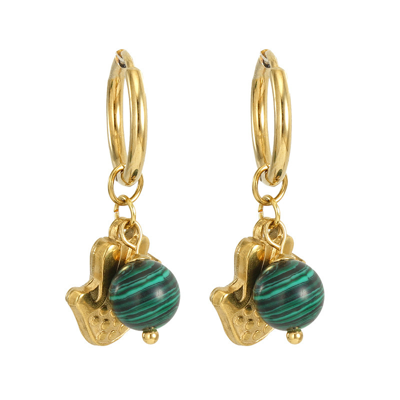 Hand & Malachite Charm Huggie Earrings in 316L Stainless Steel