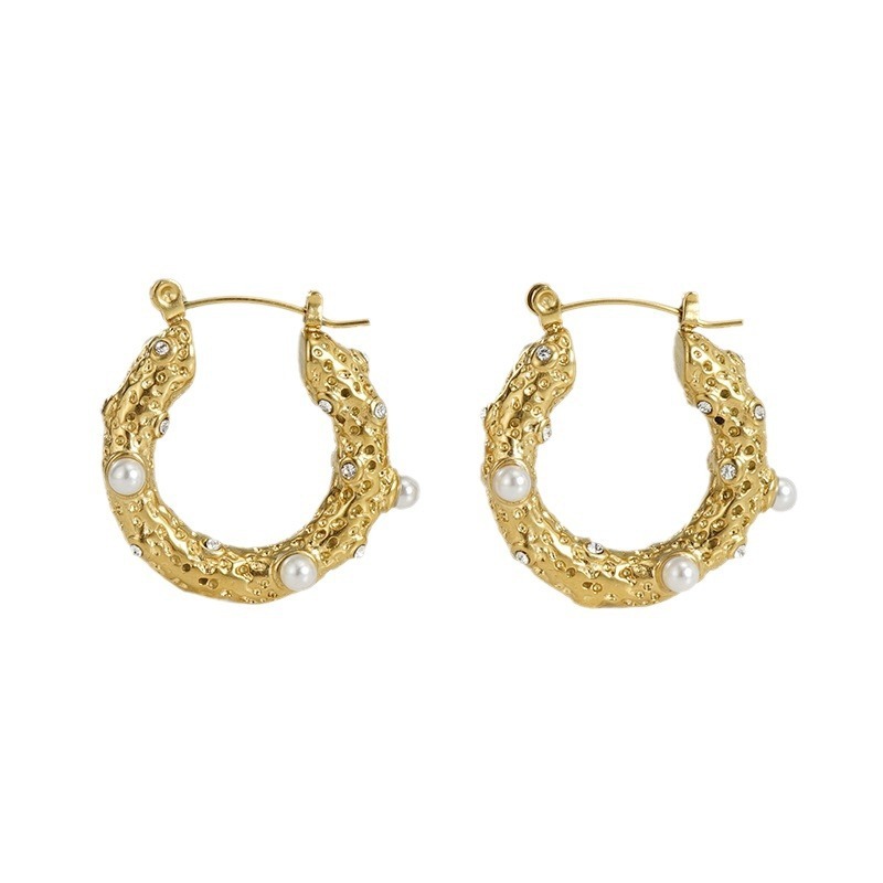 Sparkling Stainless Steel Hoop Earrings inlay with Zircon & Pearls