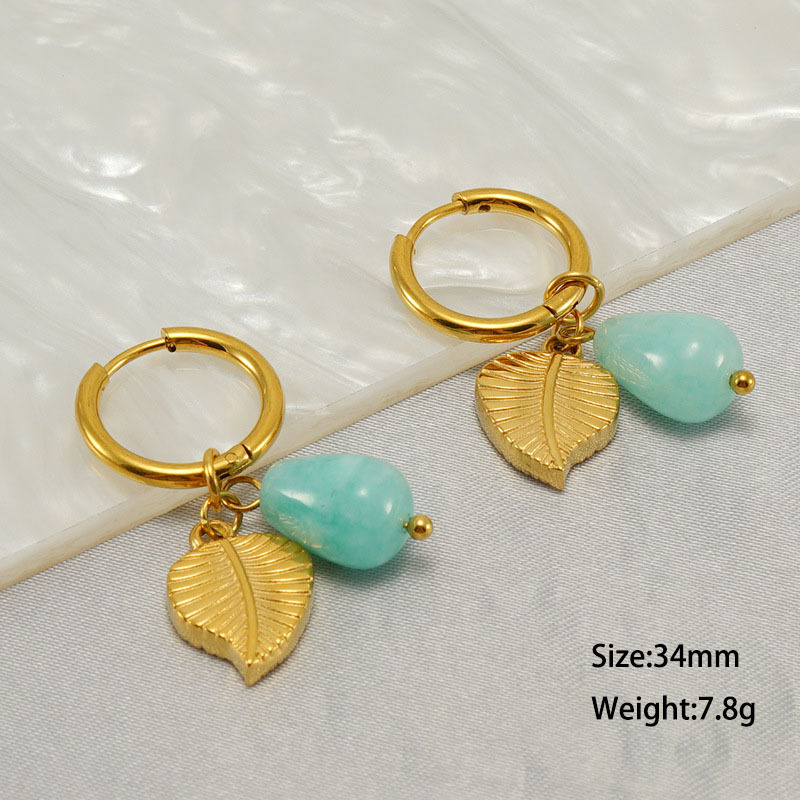 PVD Coated Stainless Steel Leaf and Natural Stone Charm Huggie Earrings