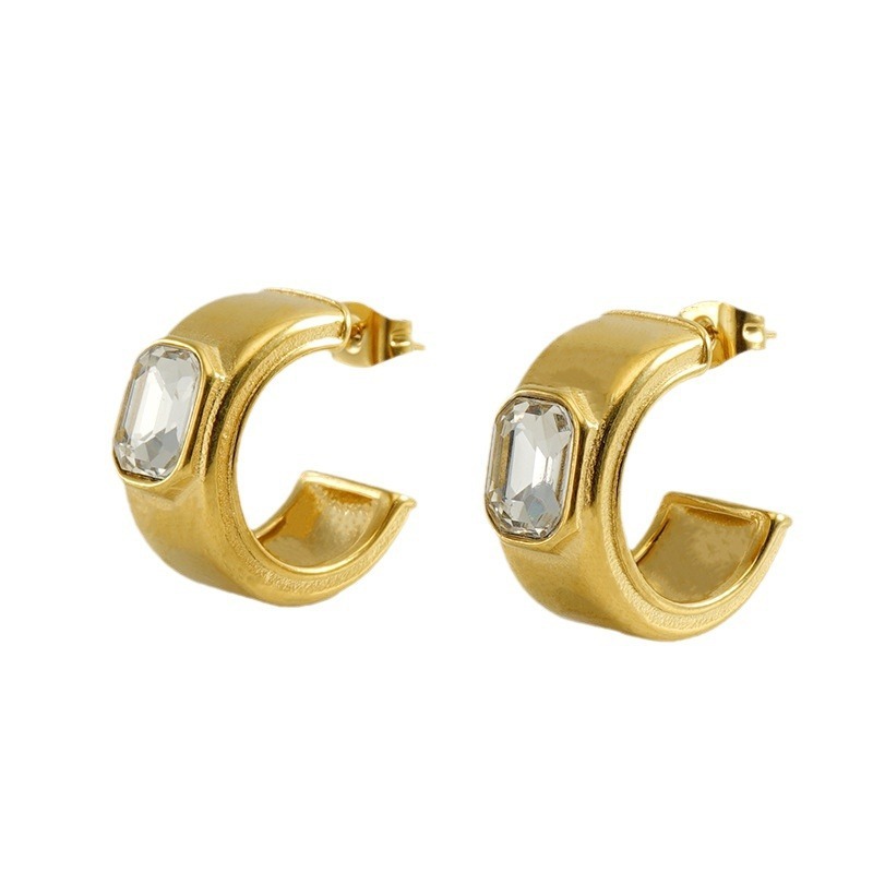 Stainless Steel Small C Wide Face Cubic Zirconia Stud Earrings