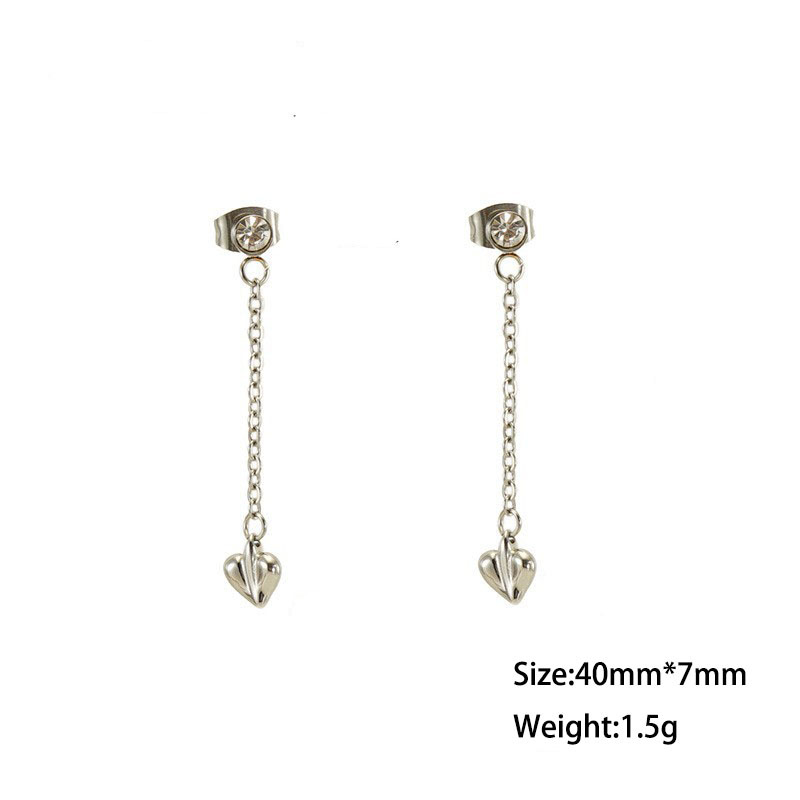 Elegant Stainless Steel Heart Charm Dangle Earrings with Rhinestones