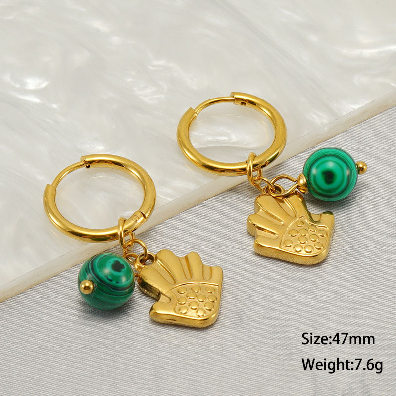 Hand & Malachite Charm Huggie Earrings in 316L Stainless Steel