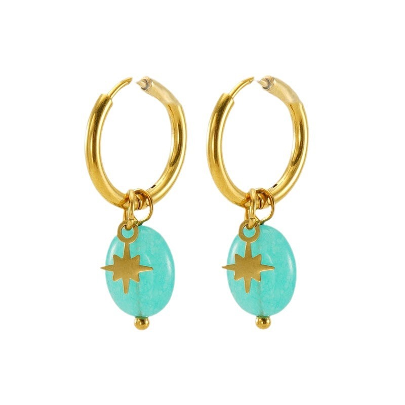 Sweet Lake Blue Natural Stone & Eight-Pointed Star Hoop Earrings