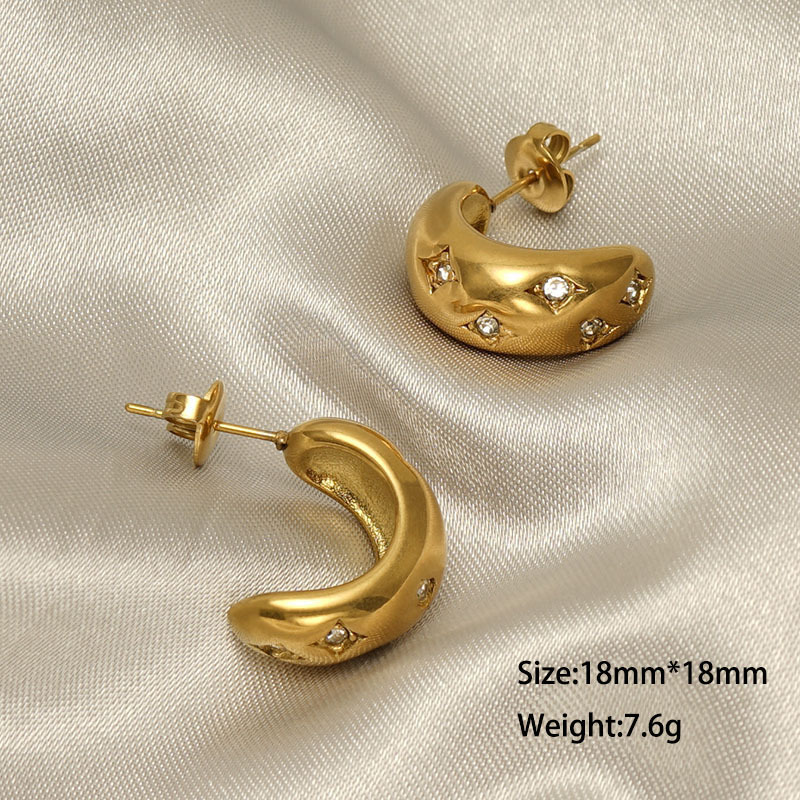 Retro Polish Gold Plated Stainless Steel C Hoop Earrings with Rhinestone