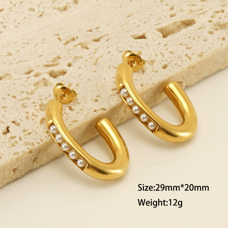 Polishing PVD Stainless Steel J Hoop Earrings Inlay with Pearls