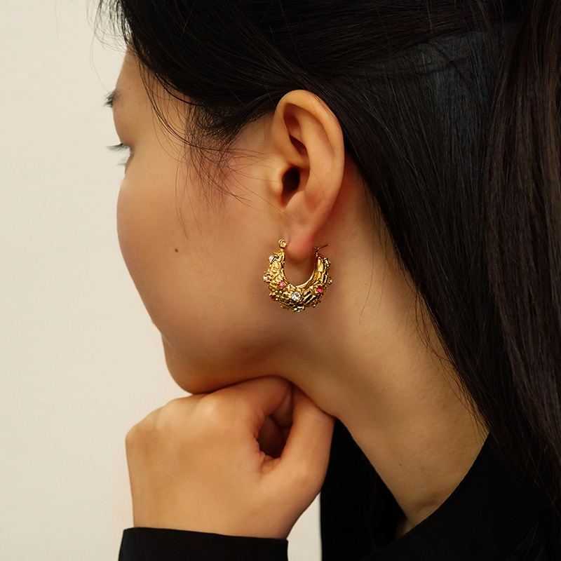 Unique Irregular Textures Stainless Steel Hoop Earrings Inlay with Zircon