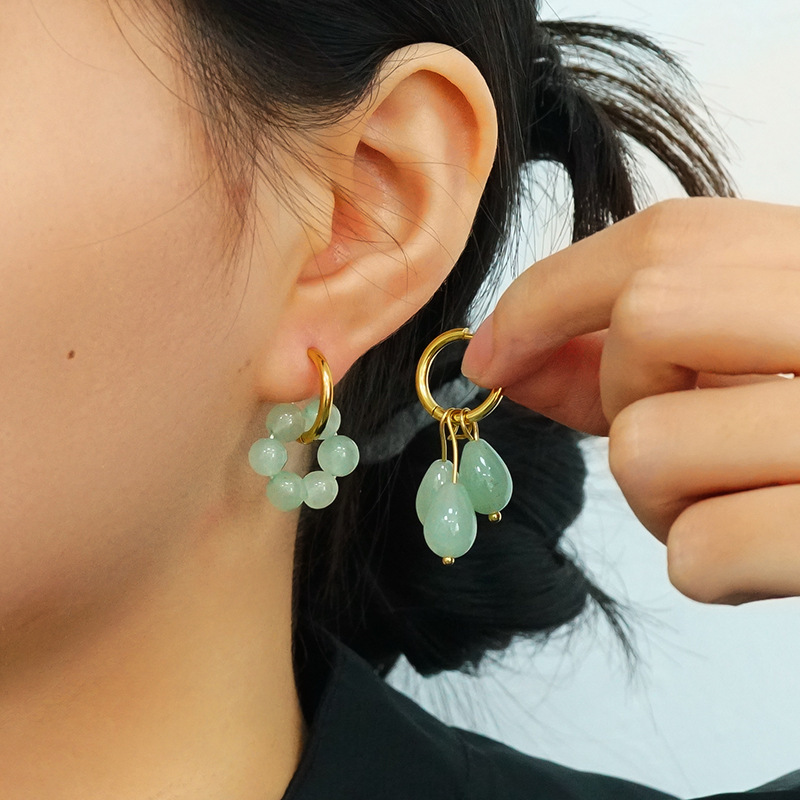 316L Stainless Steel  Cute Light Green Natural Stone Charm Hoop Earrings