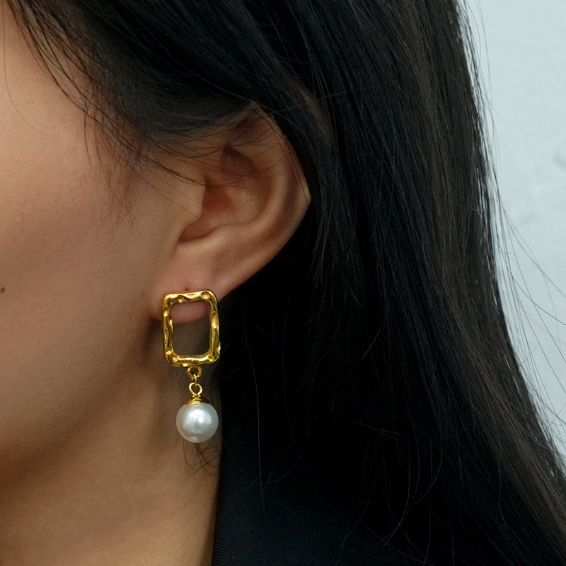 Exquisite Square Cutout Stainless Steel Pearl Earrings