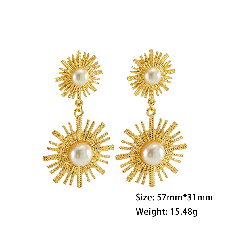 Vintage Round Sunflower Pearl Earrings in Stainless Steel