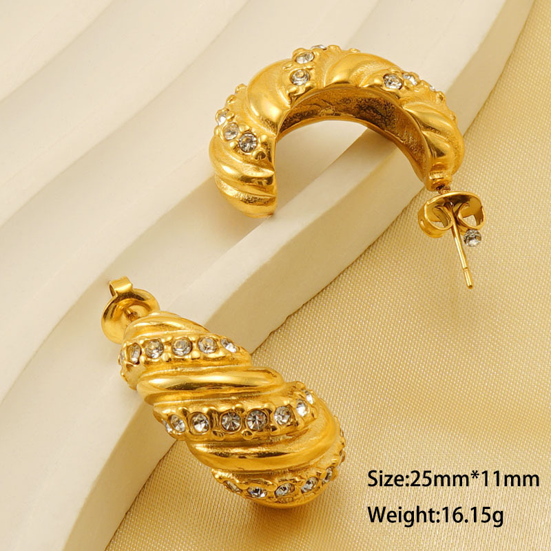 High End Croissant Rhinestone-studded J-Hoop Earrings in 316L Stainless Steel