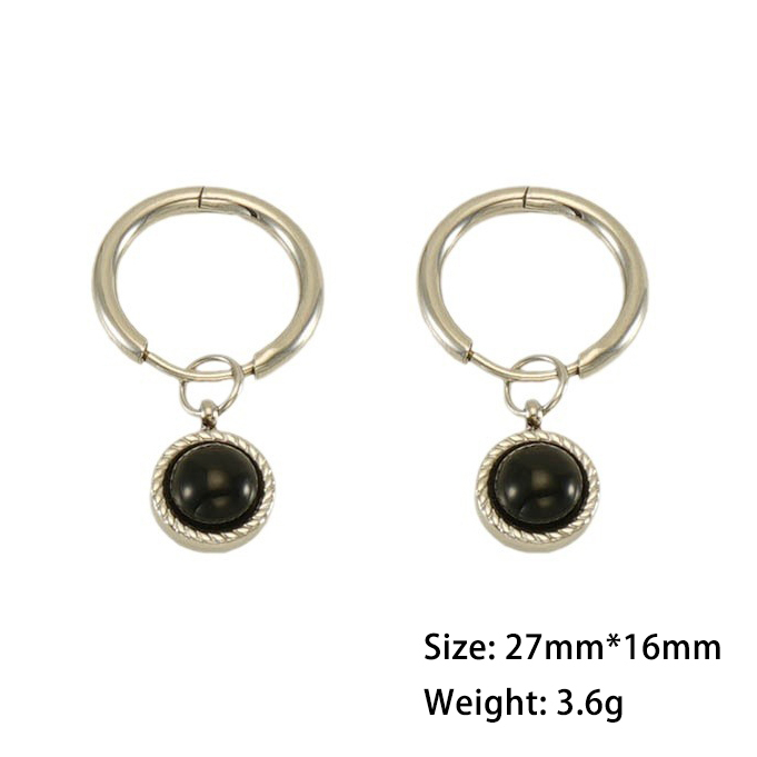 Black Natural Stone 316L Stainless Steel Hoop Earrings