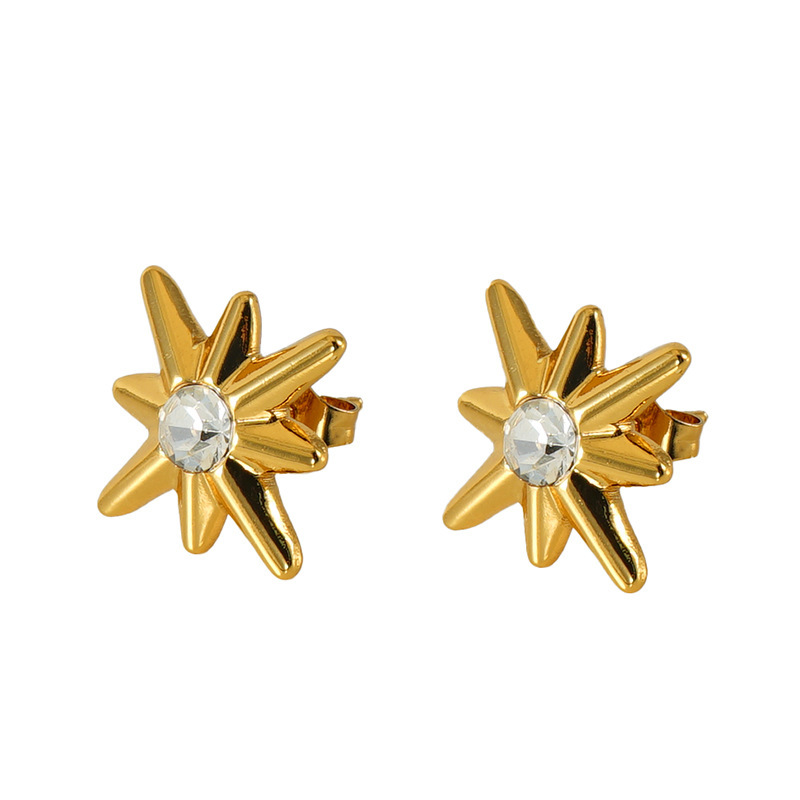 Eight-Pointes Stars Rhinestone Stainless Steel and Gold Plated Earrings