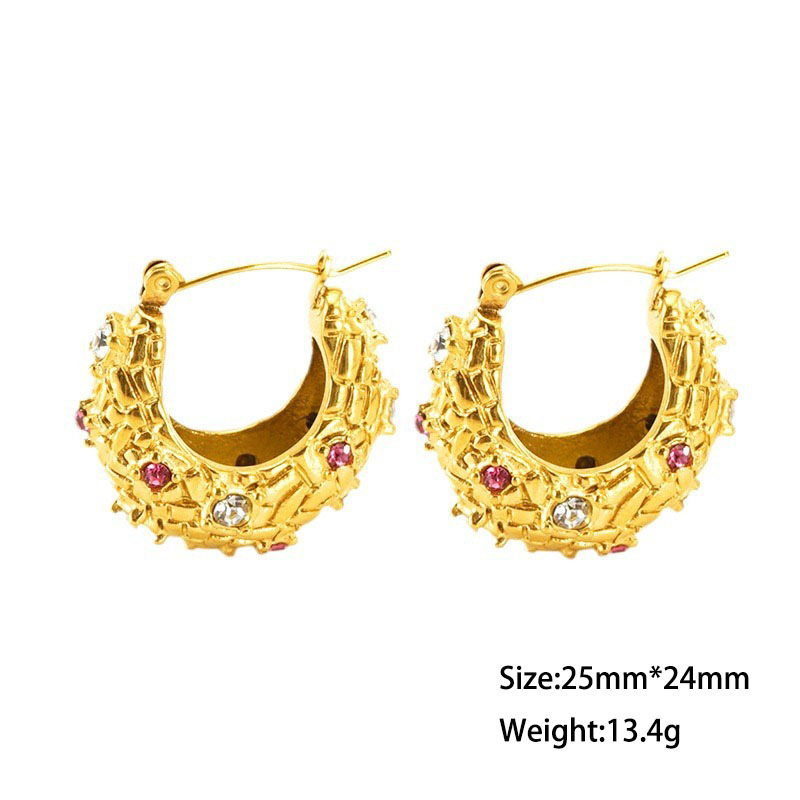 Unique Irregular Textures Stainless Steel Hoop Earrings Inlay with Zircon