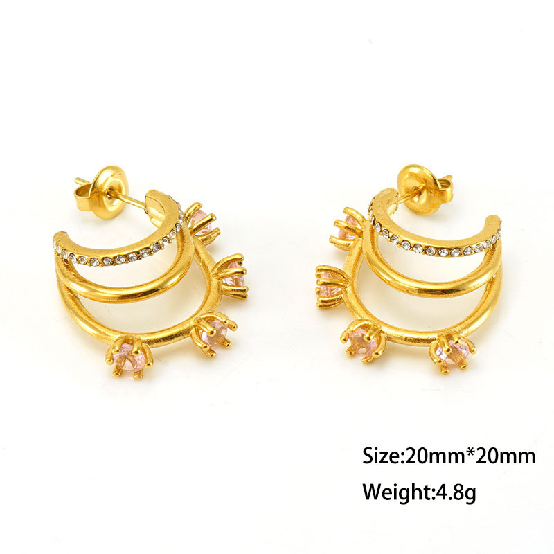 Multi-Layered C-shaped Stainless Steel Earrings with Zirconia