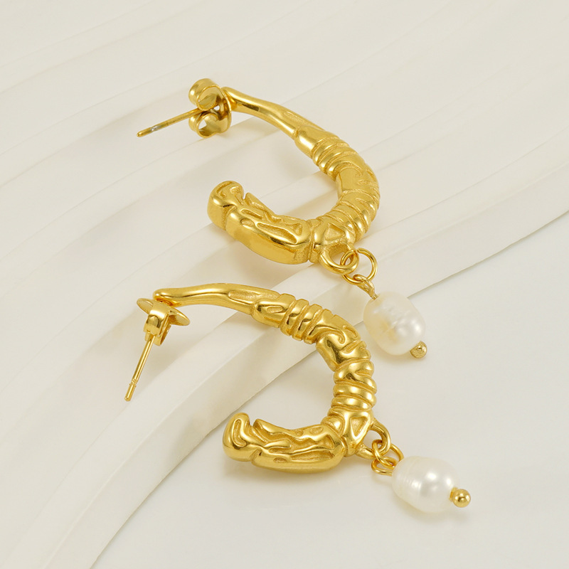 French 18K Gold Stainless Steel Vintage Pearl J-Shapes Earrings