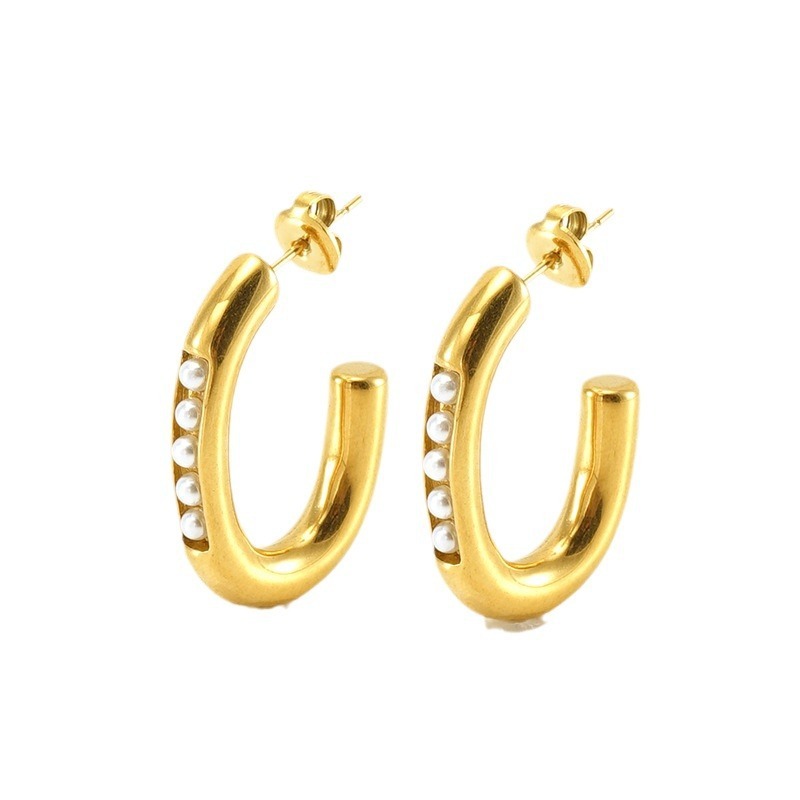 Polishing PVD Stainless Steel J Hoop Earrings Inlay with Pearls