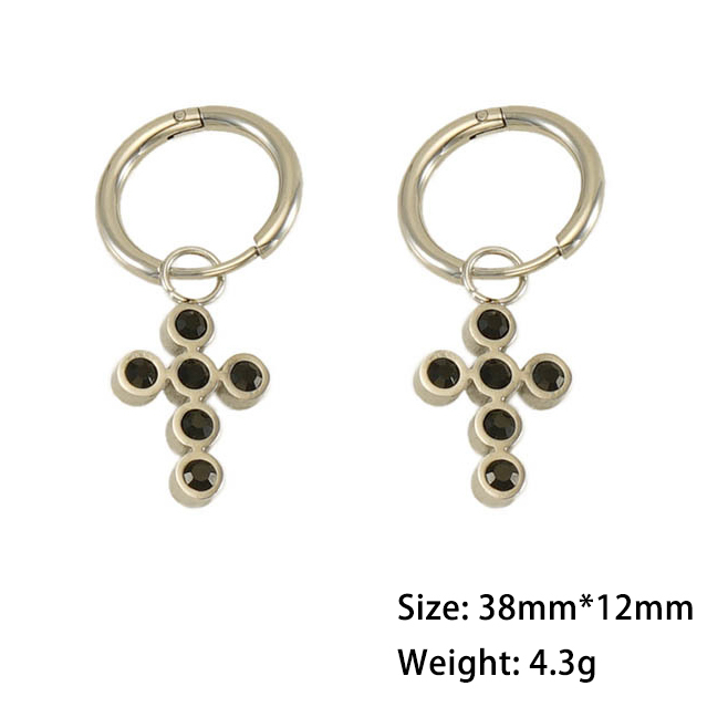 Fashion Black Stone Cross Stainless Steel Hoop Earrings
