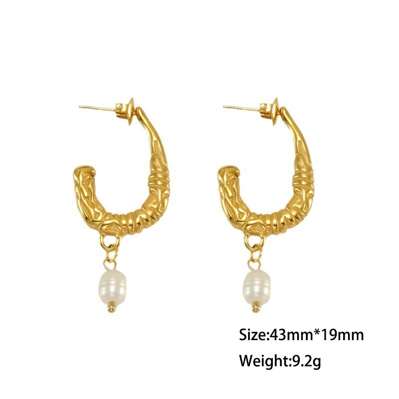 French 18K Gold Stainless Steel Vintage Pearl J-Shapes Earrings