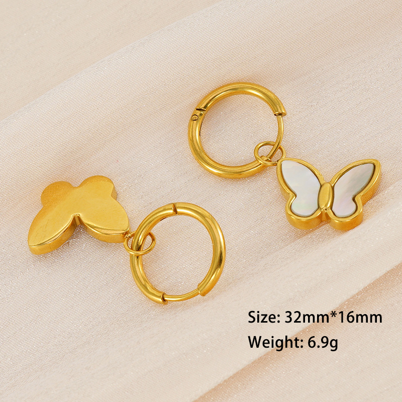 Simple & French Butterfly Charm Stainless Steel Hoop Earrings