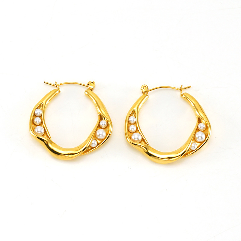 Simple 18k Gold Plated  Stainless Steel Round Pearl Earrings