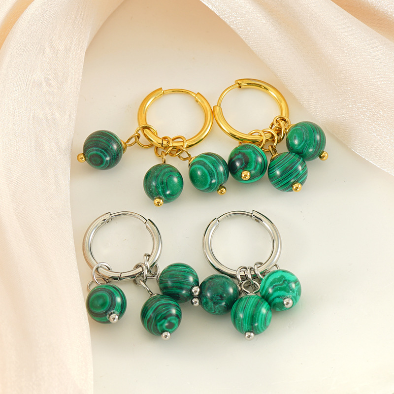 Vintage Malachite 18k Gold Plated Cluster Earrings in Stainless Steel