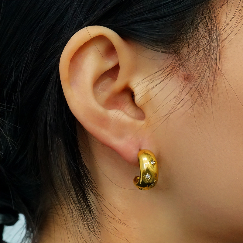Retro Polish Gold Plated Stainless Steel C Hoop Earrings with Rhinestone