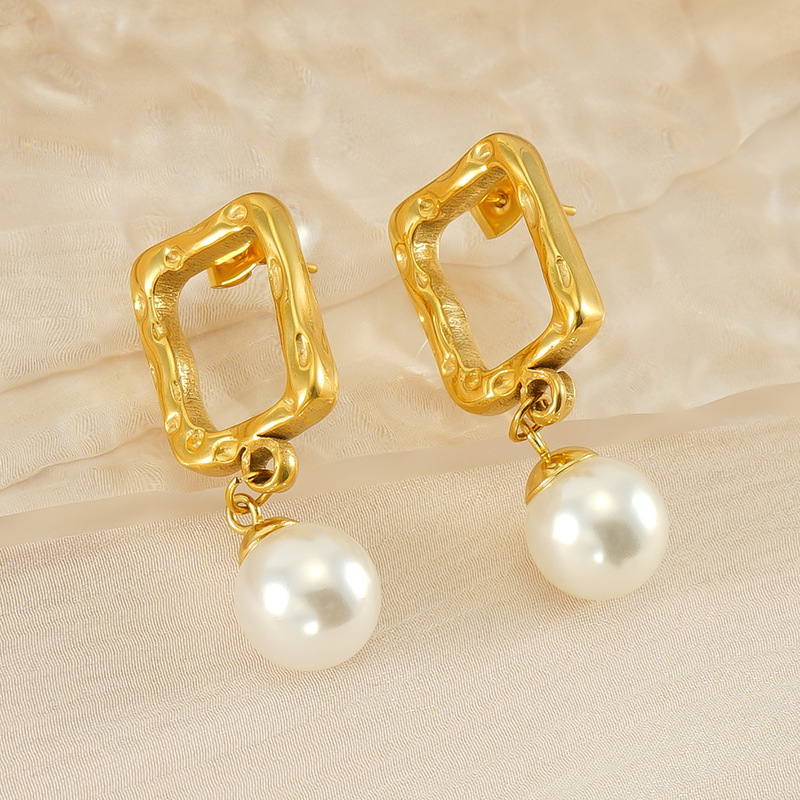 Exquisite Square Cutout Stainless Steel Pearl Earrings