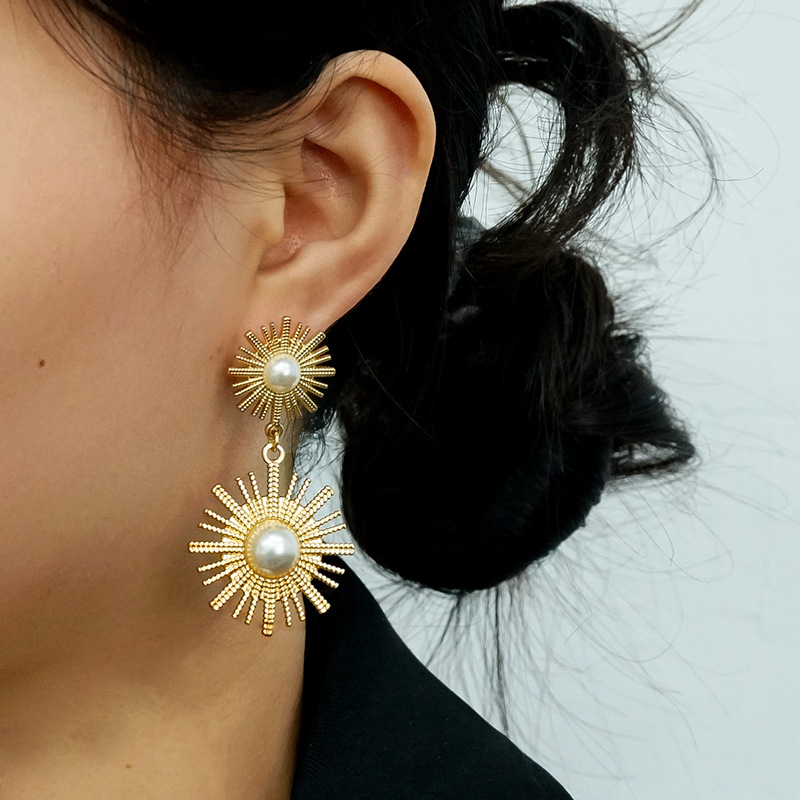 Vintage Round Sunflower Pearl Earrings in Stainless Steel