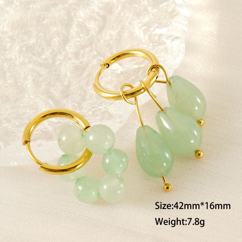 316L Stainless Steel  Cute Light Green Natural Stone Charm Hoop Earrings