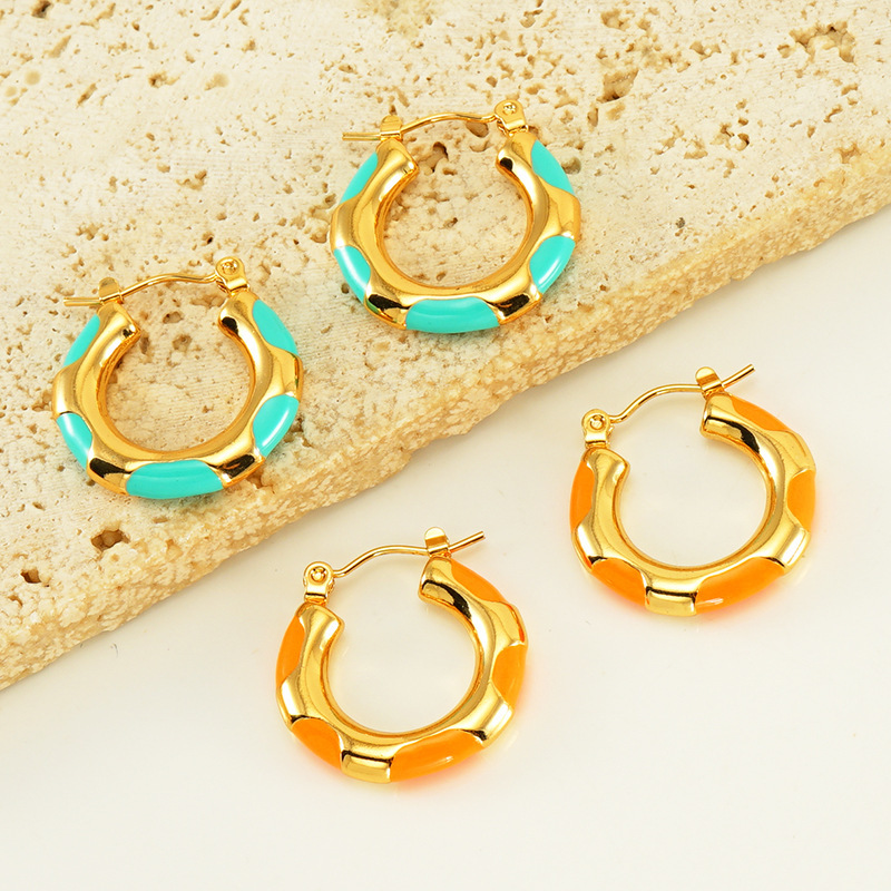 Unique Vintage Enamel Drip Glaze Stainless Steel Hoop Earrings