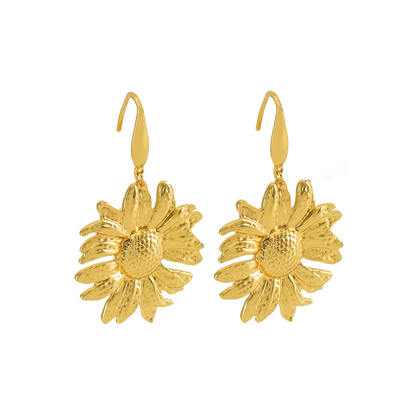 PVD Plated Sunflower Hook Earrings in Stainless Steel