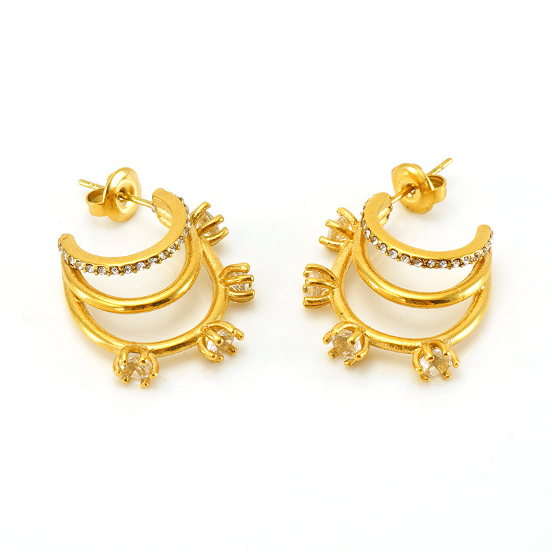 Multi-Layered C-shaped Stainless Steel Earrings with Zirconia