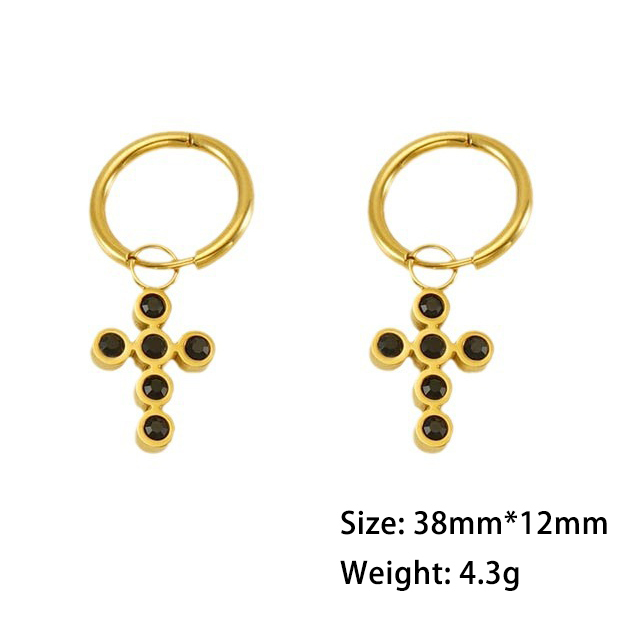 Fashion Black Stone Cross Stainless Steel Hoop Earrings