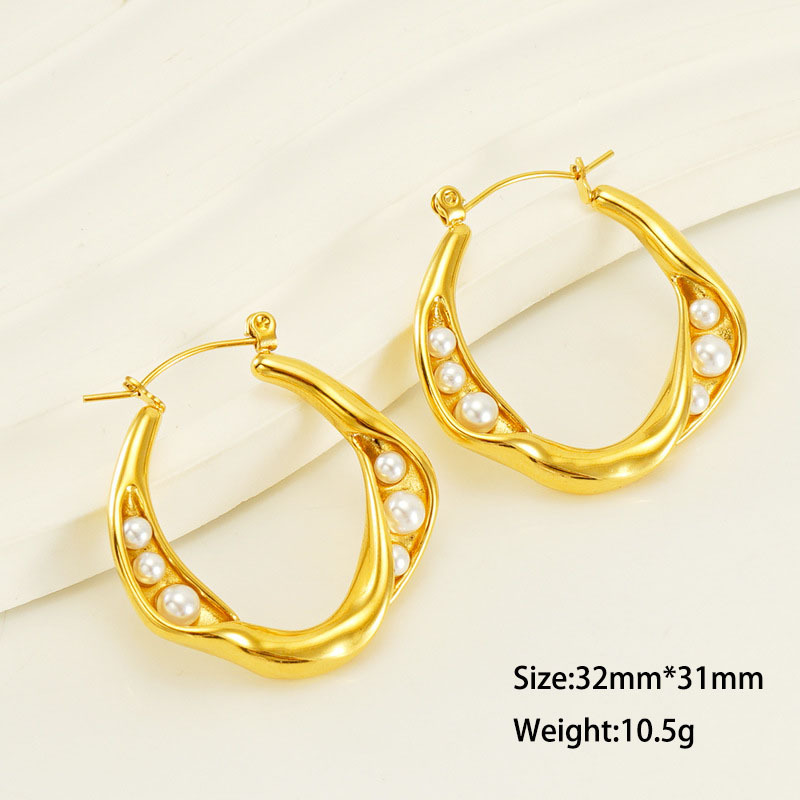 Simple 18k Gold Plated  Stainless Steel Round Pearl Earrings