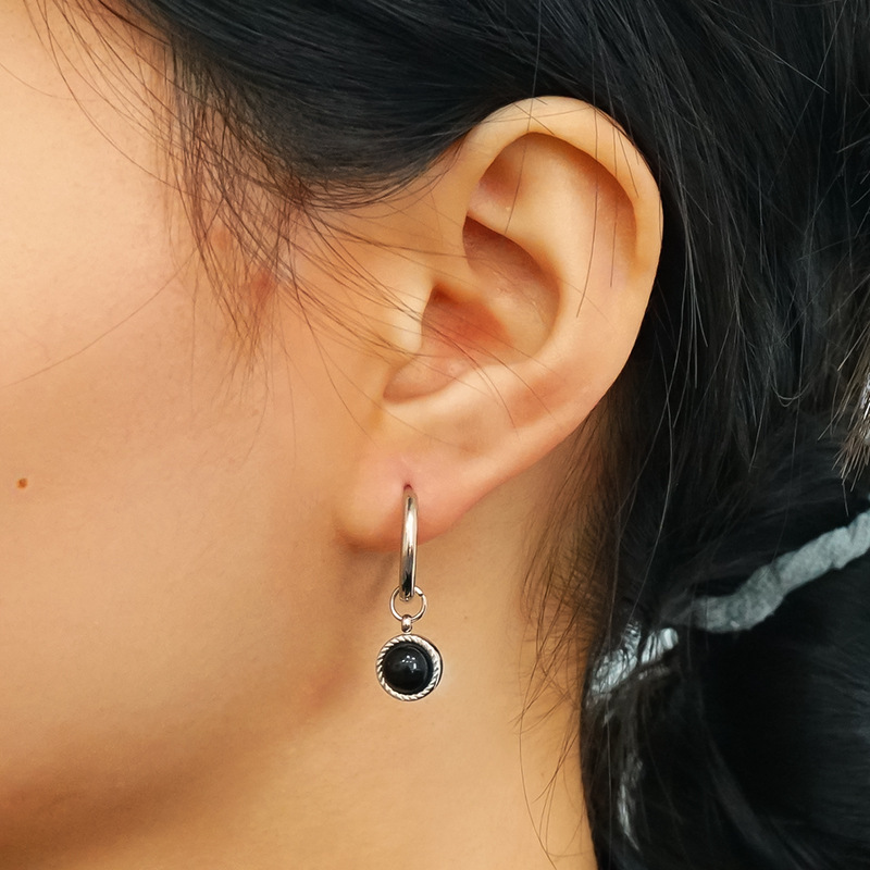 Black Natural Stone 316L Stainless Steel Hoop Earrings