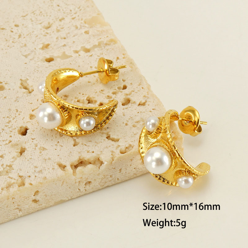 Exquisite C-Shaped Stainless Steel with Three Pearls Earrings