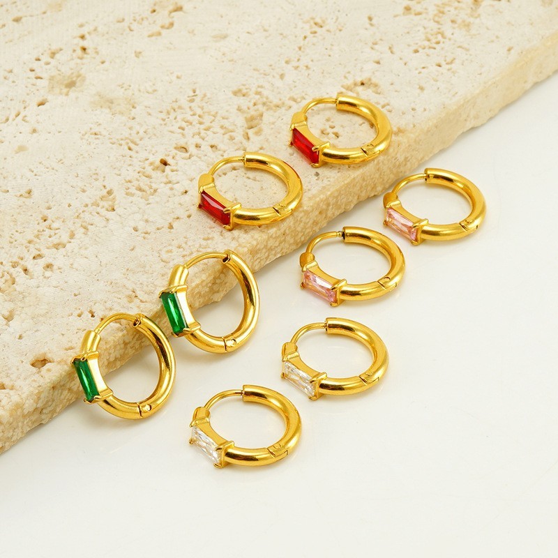 18K Plating Stylish Stainless Steel with Square Zirconia Hoop Earrings