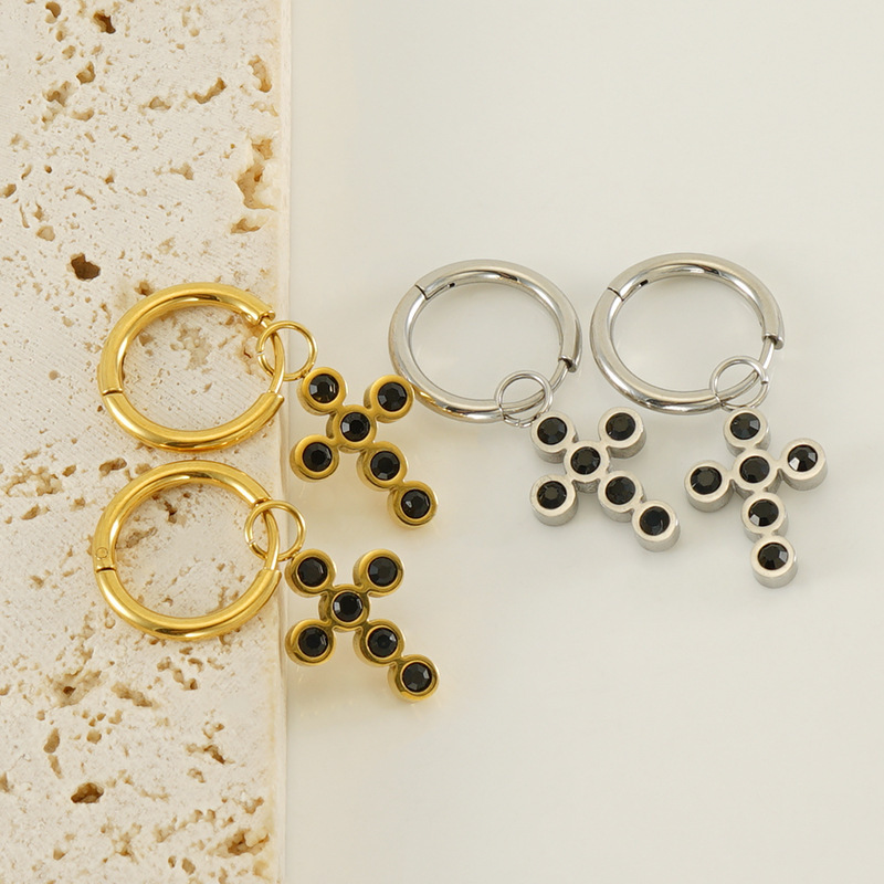 Fashion Black Stone Cross Stainless Steel Hoop Earrings