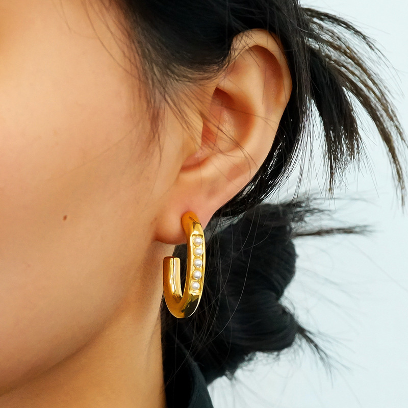 Polishing PVD Stainless Steel J Hoop Earrings Inlay with Pearls