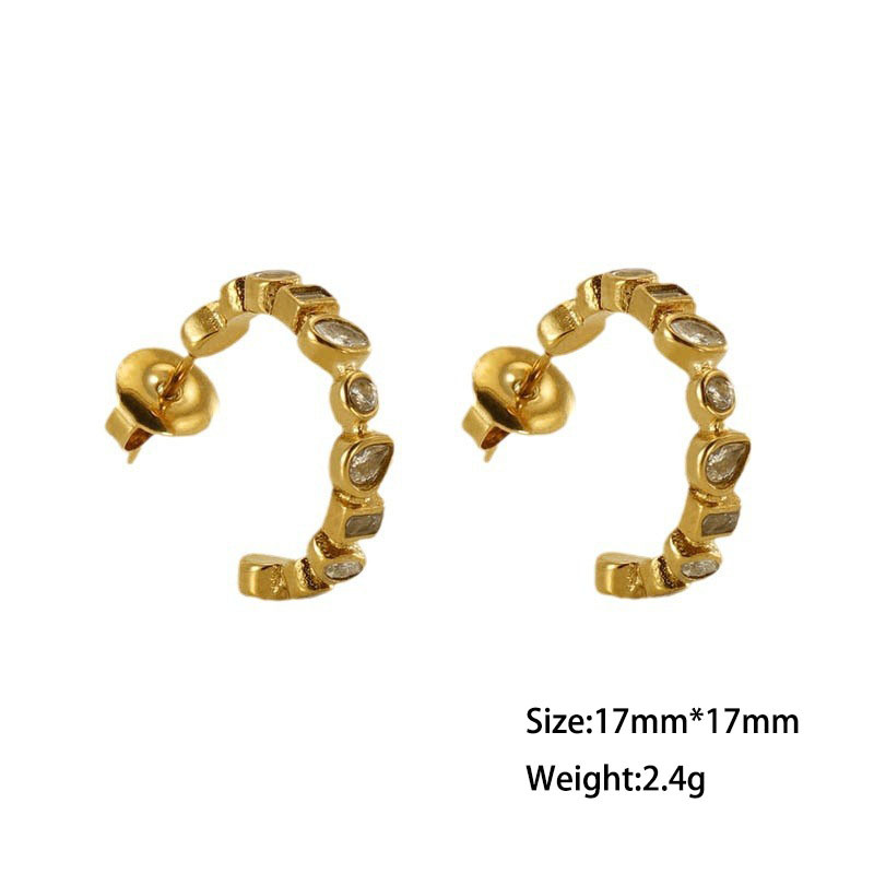 Geometric Gold Plated 316L Stainless Steel C Hoop Zircon-studded Earrings