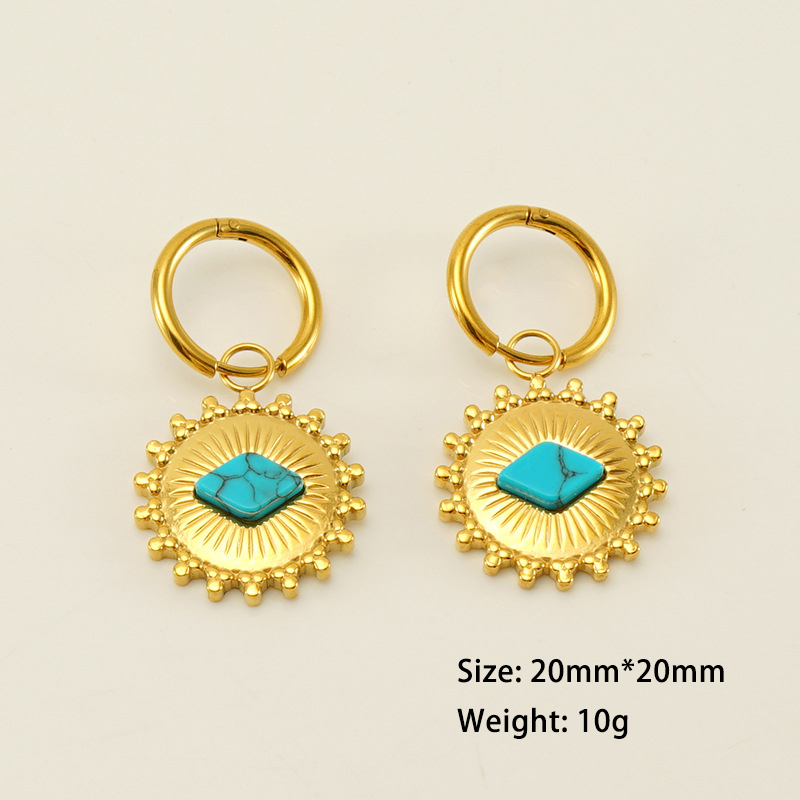 18k Gold Plated  Turquoise Sunflower Stainless Steel Round Earrings