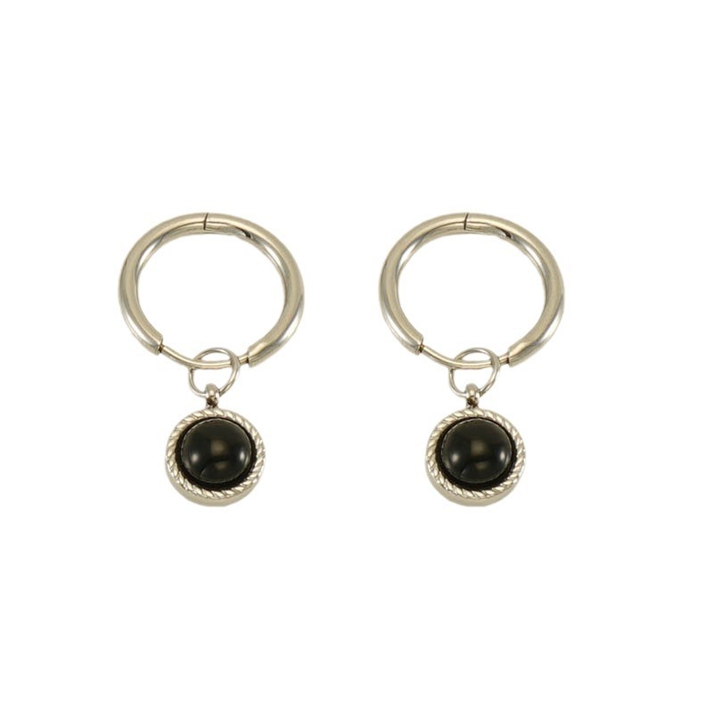 Black Natural Stone 316L Stainless Steel Hoop Earrings