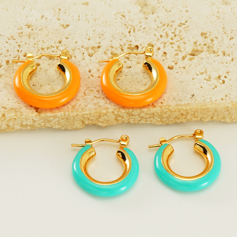 Simple PVD Plated Stainless Steel O-Shape Earrings  with Enamel